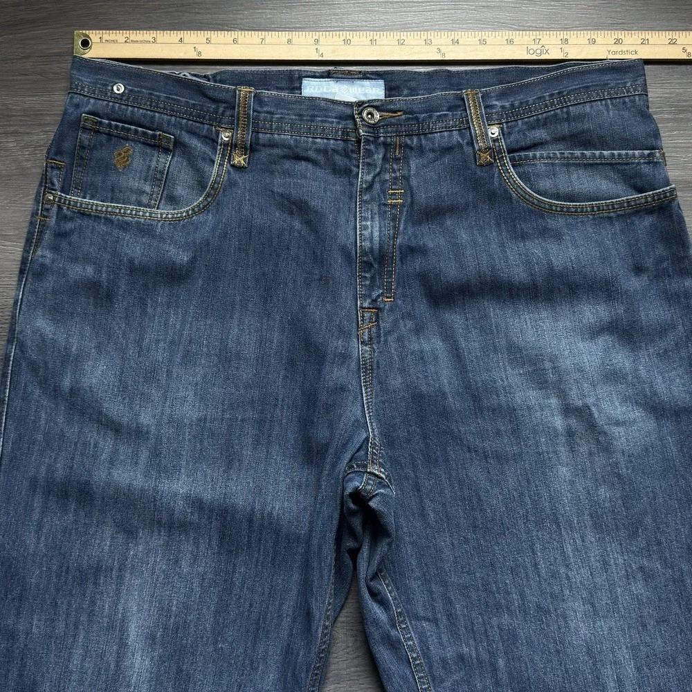 Rocawear Baggy Wide Leg Embroidered Snake Jeans Mens 42x34 Y2K Distressed Blue